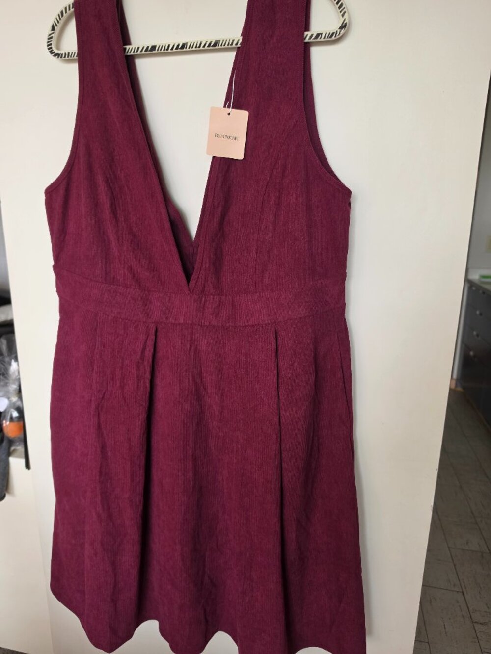 BloomChic Corduroy Stretchy Waist V-Neck Pinafore Dress in plum/burgundy.